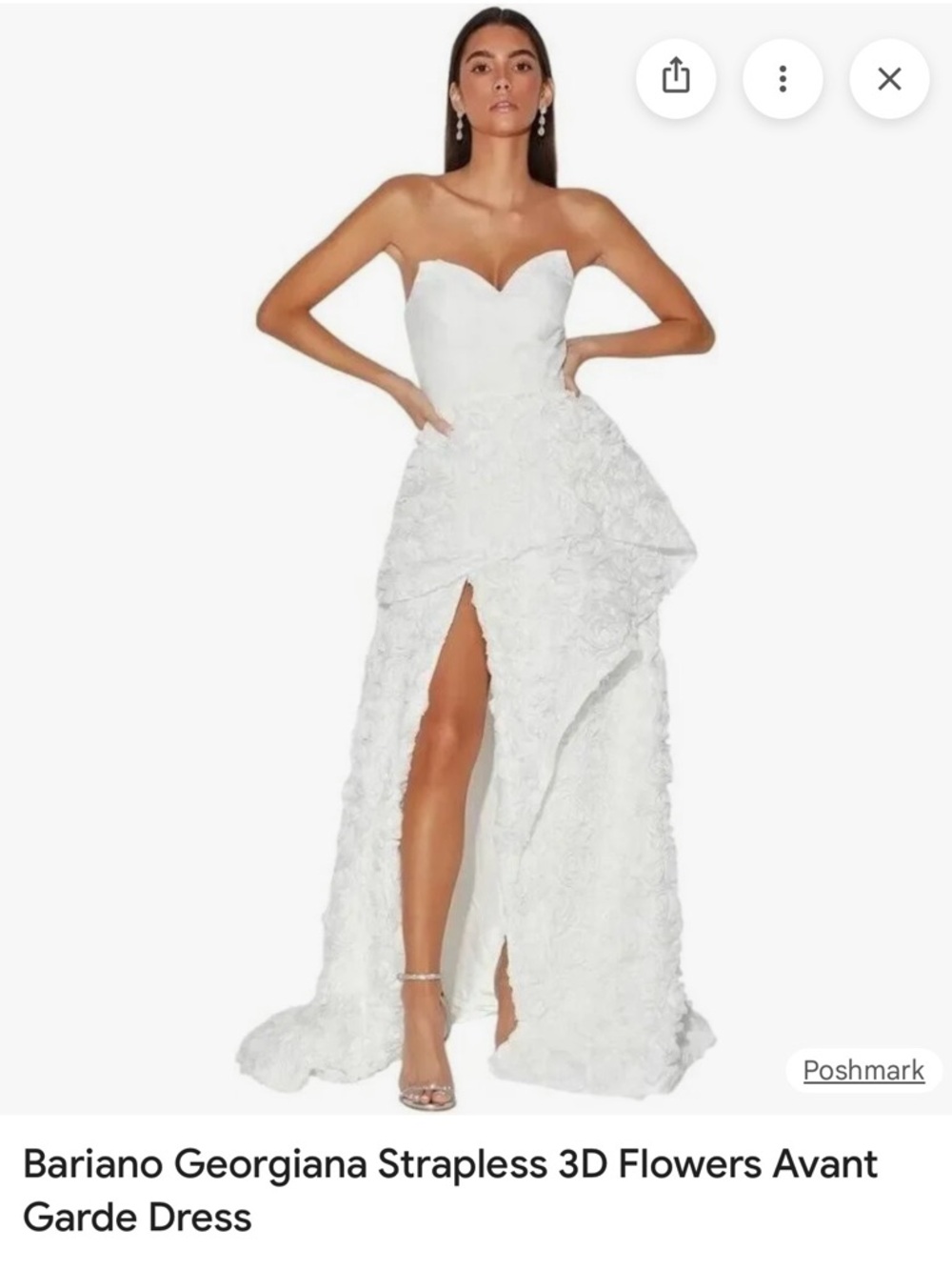 Bariano Strapless White 3D Floral Evening Gown